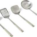 Amazon Basics Stainless Steel Cooking Utensil Set with Ladle, Spatula, Slotted Spatula and Slotted Spoon, 4-Piece Set, Soft Grip Handle, Dishwasher-Safe, Linen Gray