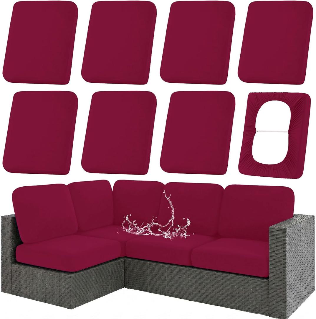 hyha Waterproof Outdoor Cushion Covers for Patio Furniture, Stretch Patio Chair Cushion Slipcovers, Coated UV Resistant Replacement Seat Covers, Solid Color (Wine Red, 8PC)