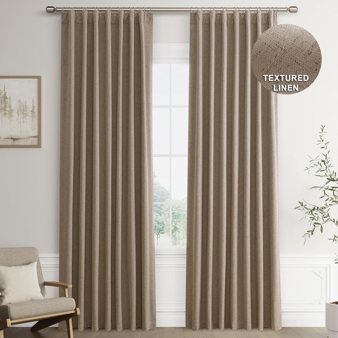 Joywell Light Brown Linen 100% Blackout Curtains 84 Inch Long, Rod Pocket/Back Tab/Hook Belt/Clip Rings,Thermal Insulated Drapes for Bedroom Living Room with Hooks,2 Panels,52 x 84
