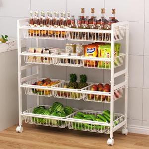 Cinati 4-Tier Kitchen Storage Cart, Adjustable Rolling Pantry Storage Cart with 10 Baskets & Handle, 29''W Metal Snack Cart with Wheels, Kitchen Shelf Organizer for Fruit, Vegetables, Potato(White)