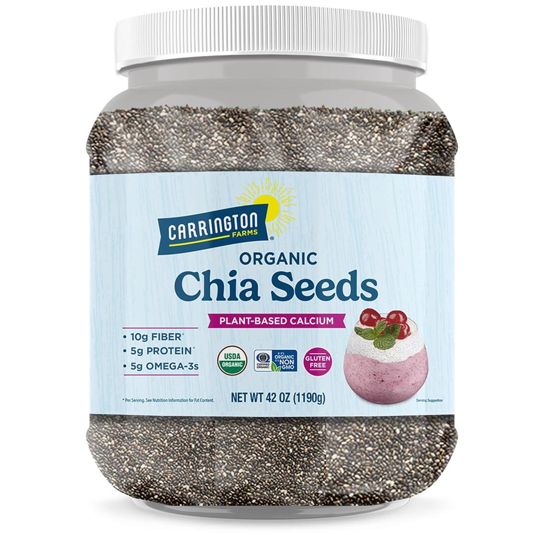 Carrington Farms Organic Chia Seeds Whole Bulk Chia Seeds, USDA Organic, Non-GMO, High Omega-3 & Fiber, Resealable 42 oz Jar for Smoothies, Oats & Meal Prep (EXP 02/24/28)