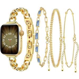 VIQIV Gold Watch Band and 3PCS Bracelets Stack Set for Women Compatible with Apple Watch 44/45/46/49/38/40/41/42mm Slim Stainless Steel Metal Straps for iWatch Series 11 10 9 8 7 6 5 4 3 SE Ultra 3 2