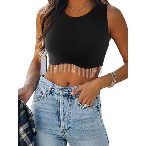 Womens Nashville Sparkly Rhinestone Fringe Sleeveless Crop Tops Y2K Raceback Ribbed Cropped Tank Tops with Glitter Tassel Small