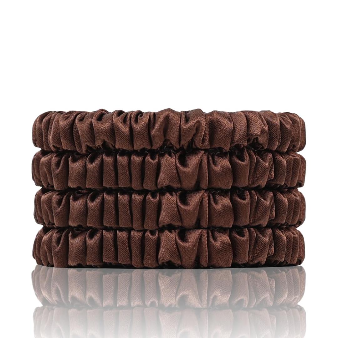 100% Mulberry Silk Scrunchies, 4 PCS, 22 Momme, Brown - Protecting Hair from Damage, for Hair Sleep, Silk Hair Ties Elastics