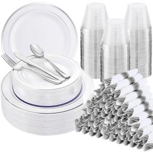 WELLIFE 700 Pcs Silver Plastic Plates for 100 Guests -Party Supplies Includes 200 Silver Plates,300 Plastic Silverware,100 Napkins,100 Cups for Party and Wedding
