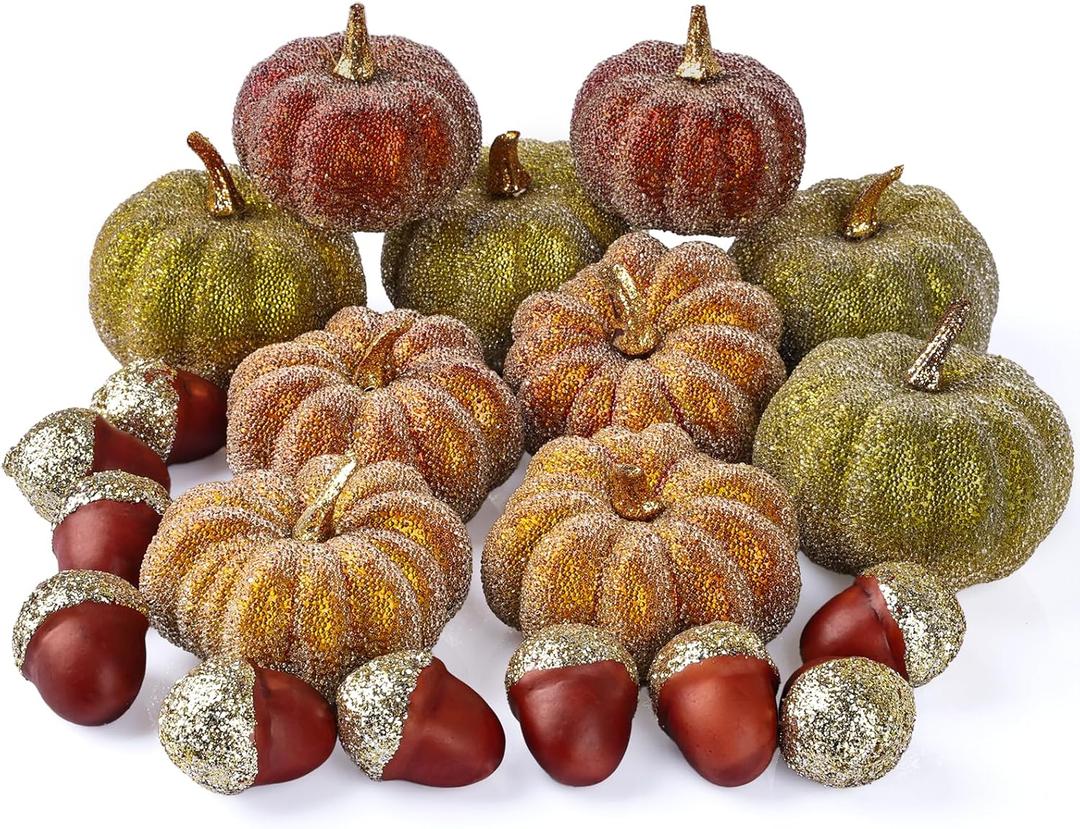 Glitter Mini Pumpkin Decor Indoor 22PCS Halloween Pumpkins for Fall Decorations for Home Fall Centerpieces for Tables Outdoor Harvest Thanksgiving Party/Acorns Autumn Fillers Decor (20 Pcs Green Yellow Orange Pinecones Set)