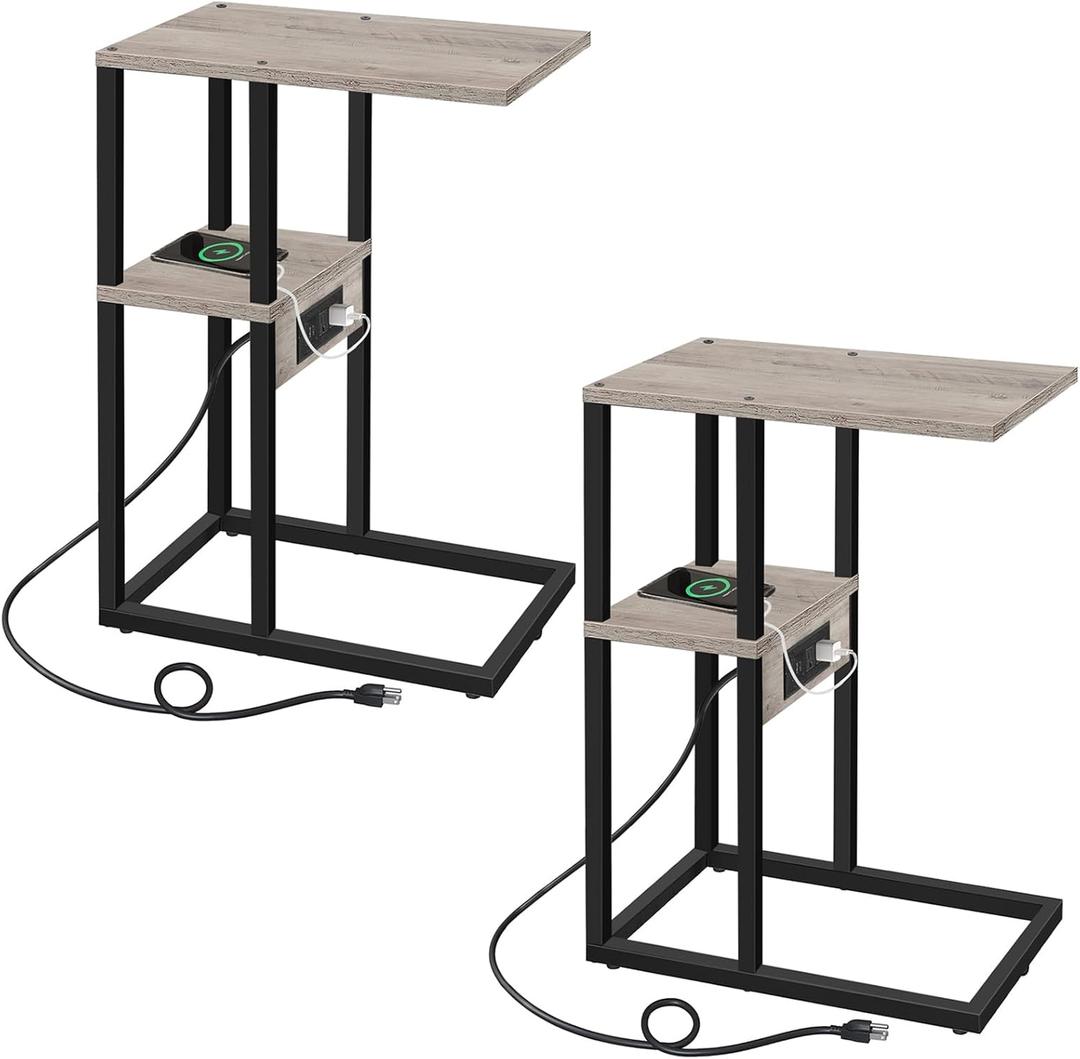 TUTOTAK C-Shaped Side Table, Set of 2, C Table End Table with Charging Station, Sofa Couch Table for Small Spaces, Couch Side Table for Livingroom, Bedroom, Greige TB01BG0432