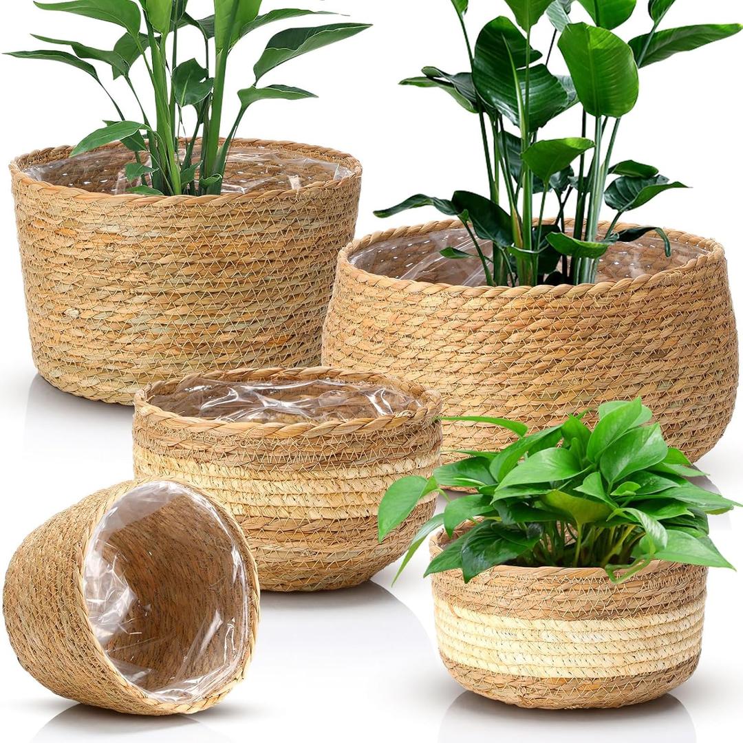 Sieral 5 Pcs Seagrass Hand Woven Planter Basket Large Plant Pots Indoor Flower Pots Cover, 12+10+8+7+6 Inch Storage Planter Containers with Plastic Liners