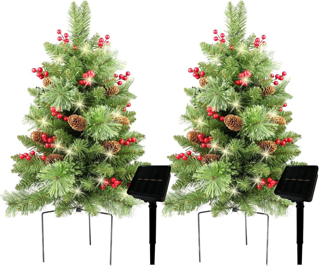 Solar Christmas Tree 30 inch Prelit 2 Set Pathway Porch Christmas Trees Pre-Light LED Battery Operated Outdoor Xmas Decor for Entrance Driveway, Yard, Garden