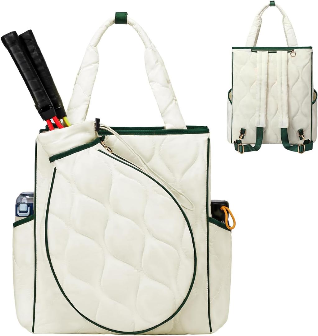 2-in-1 Tennis Tote Bag & Tennis Racket Backpack  Extra-Large Quilted Pickleball Racquet Bags, Water-Resistant & Lightweight for Men & Women (White)
