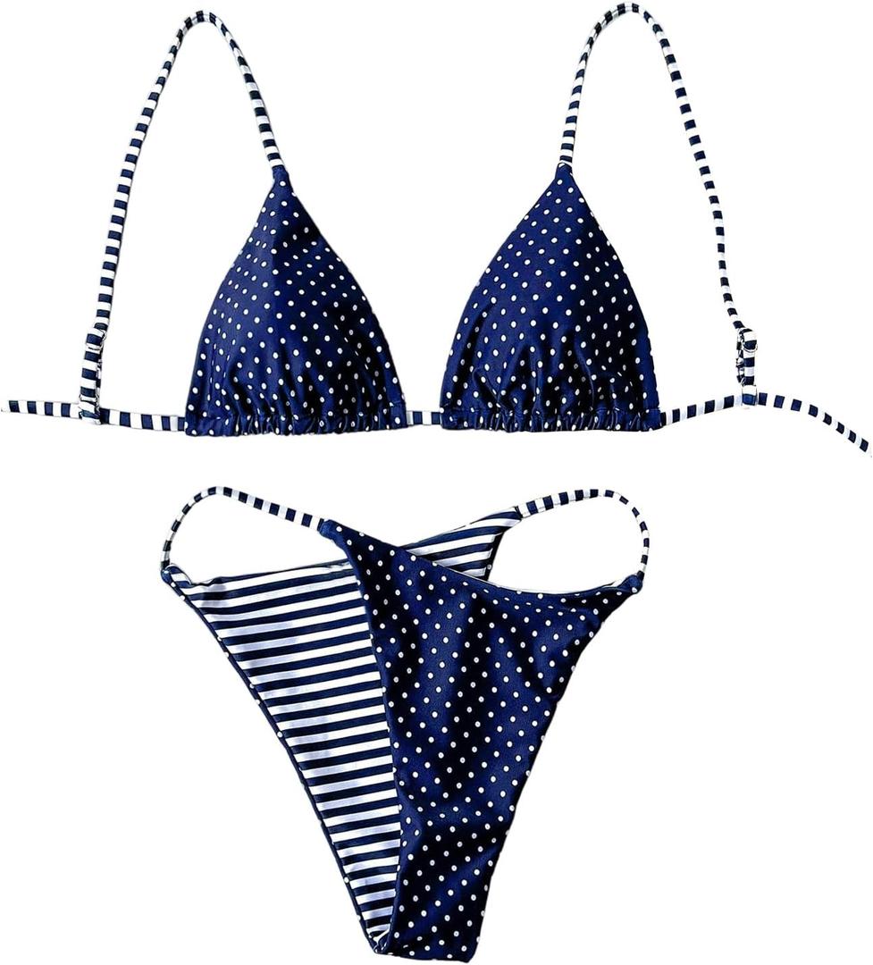 WDIRARA Women's Polka Dots Striped Bikini Set Triangle Swimsuit Two Piece Bathing Suit Blue White Small