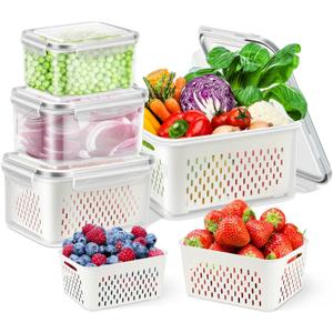 TBMax Fruit Storage Containers for Fridge Organizers and Storage, 4 Pack Large Produce Saver with Airtight Lid & Colander for Berry Lettuce Salad Vegetable Storage, Refrigerator Organizers
