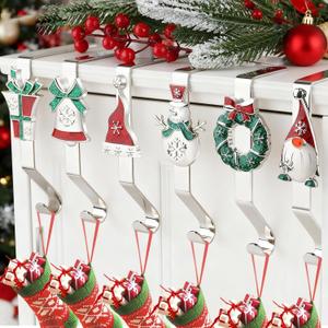 EBANKU 6Pcs Christmas Stocking Holders, Christmas Pattern Design Stocking Hangers Silver Non-Slip Stocking Holders for Mantle Xmas Stocking Hangers for Fireplace Shelf Table Mantel