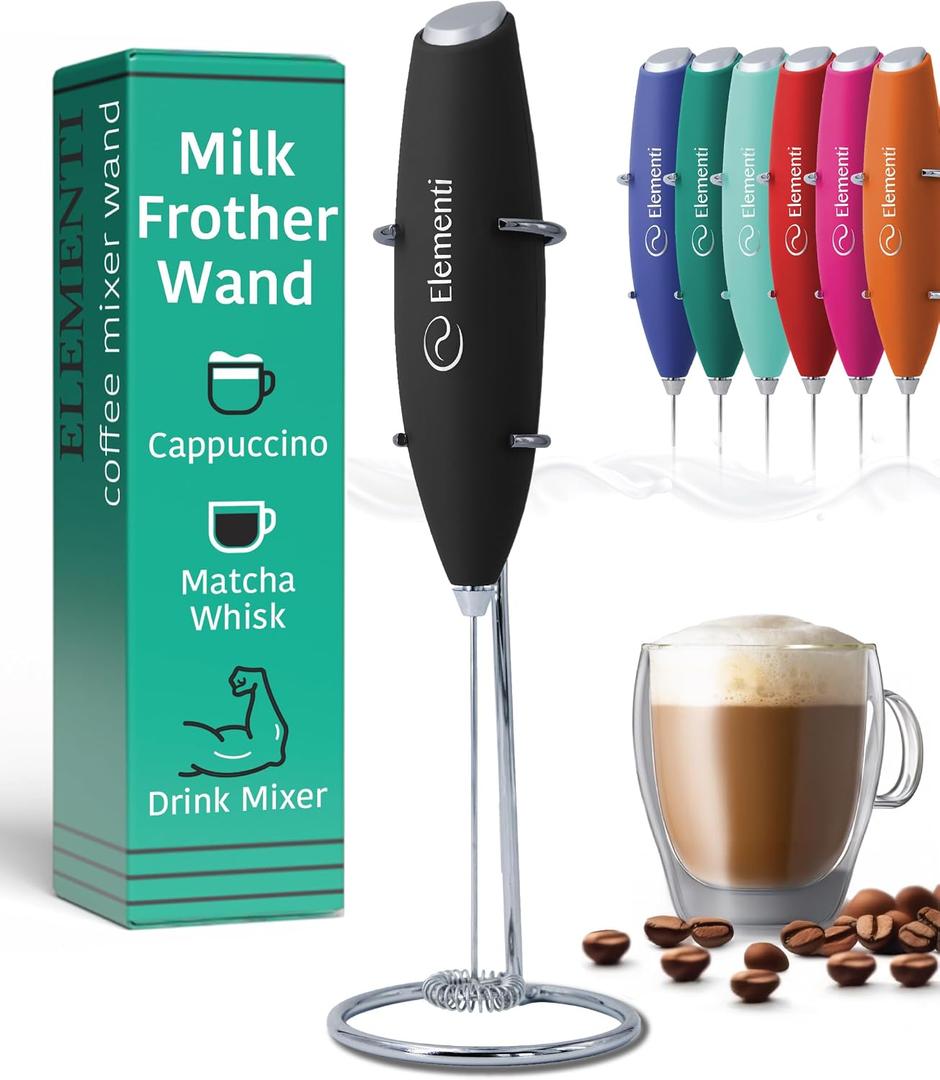 Milk Frother Wand & Electric Stirrer with Stand - Turbo Coffee & Milk Frother Handheld - Hand Held Coffee Mixer Wand & Cold Foam Maker for Frothy Cappuccinos, Lattes & Drink Mixes at Home (Black)
