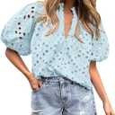 PRETTYGARDEN Women's Summer Tops 2025 Dressy Casual Short Sleeve V Neck Buttons Hollow Out Lace Embroidered Blouses Shirts (Light Blue, Medium)