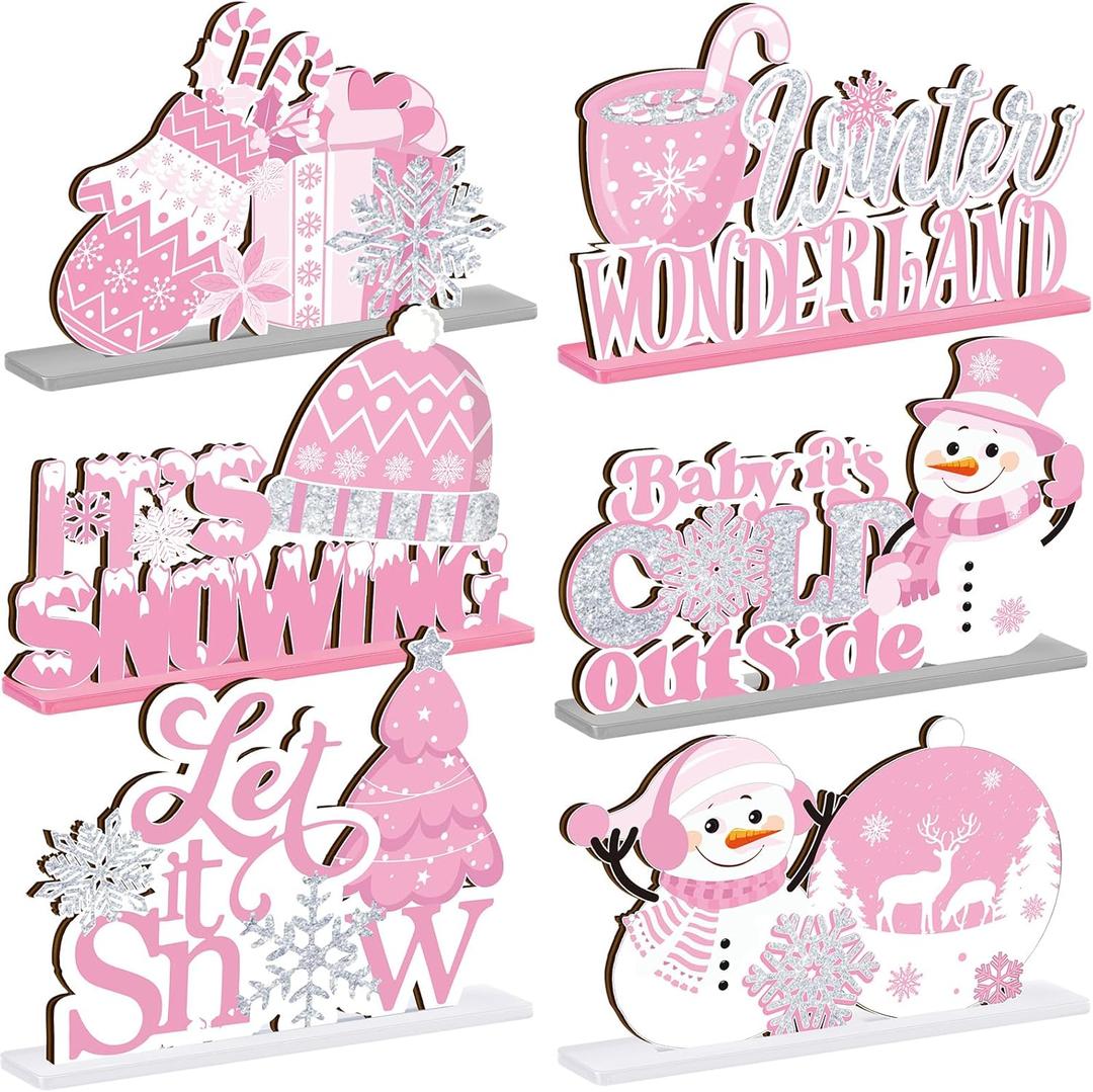 Wonderjune 6 Pcs Winter Wooden Table Decor Snowflake Snowman Wooden Centerpieces Wonderland Decor for Winter It's Snow Theme Xmas Birthday Baby is Cold Outside Party Supplies(Pink)