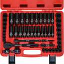 3/8" Drive Impact Socket Set, 49 Piece Standard SAE (5/16 to 3/4 inch) and Metric (8-22mm) 6 Point, with Adjustable Ratchet Handle, Extension Bars, Impact Universal Joint, Adapter, Cr-V Steel