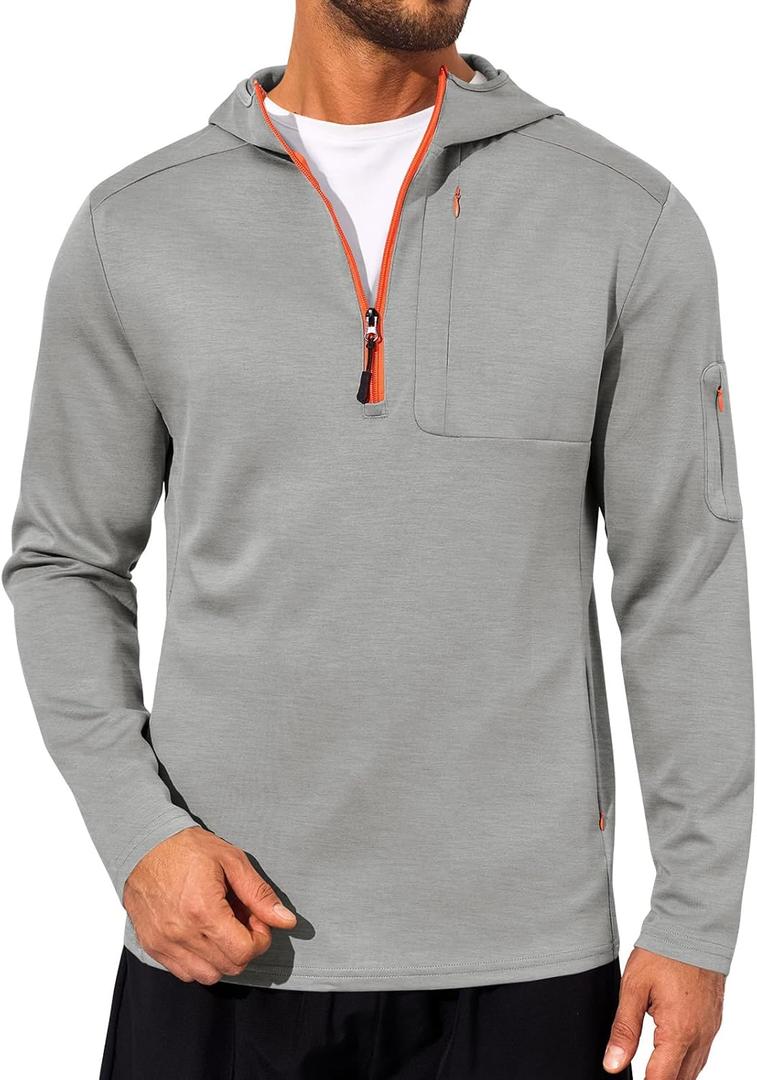 Yousify Mens Quarter Zip Hoodie Sweatshirts Long Sleeve Casual Pullover Sports Outdoor Hoodies with Zip Pockets (Gray, S)