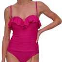 DKNY Womens Pin-up Ruffle Bandeau One Piece Swimsuit with Tummy Control (Purple, S)