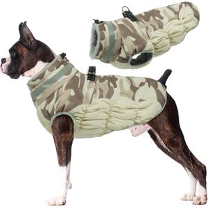 Lelepet Warm Dog Winter Coat Dog Coats for Large Dogs Waterproof Dogs Jacket with Harness Built in Reflective Cold Weather Coats Windproof Zip-Up Winter Fleece Vest Snowsuit Boxer Desert Camo XL