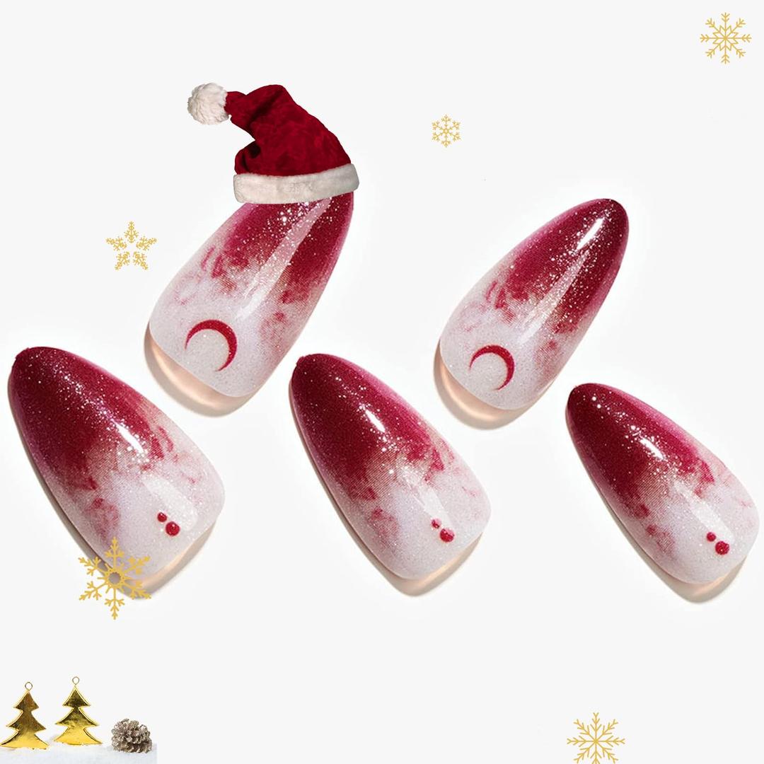 7 x GLAMERMAID Red Ombre Press on Nails Medium Almond, Halloween Christmas Misty Gel Glue on Nail, Gothic Moon Short Stiletto Reusable UV Finish Fake Nail, Acrylic Oval False Nails Manicure Kits for Women