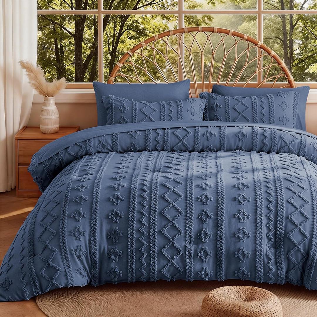 MR&HM Queen Comforter Set Navy Blue, 7 Pieces Tufted Boho Beddding Sets, Farmhouse Style Bed in a Bag with 1 Comforter, 2 Pillow Shams, 2 Pillowcases, 1 Flat Sheet, 1 Fitted Sheet for All Seasons