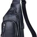 BULLCAPTAIN Leather Sling Bag Mens Chest Bag Casual Shoulder Crossbody Bags Travel Hiking Backpacks Daypack with USB Charging Port (Black)