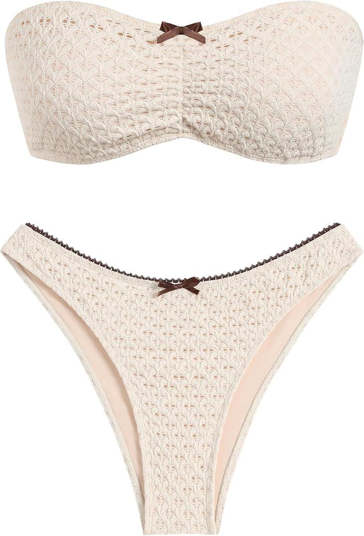ZAFUL Women's Strapless Bikini Openwork Textured Bow Ruched Lace Up High Cut Bandeau Swimsuit Bathing Suits (0-a-beige, Small)
