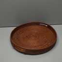 16.9 inch Round Rattan Tray, Woven Large Serving Tray with Handles, Wicker Serving Basket, Coffee Table Decor for Living Room, Reddish-Brown