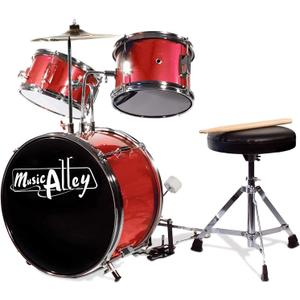 Music Alley 3 Piece Kids Drum Set with Throne, Cymbal, Pedal & Drumsticks, Red, (DBJK02-MR)