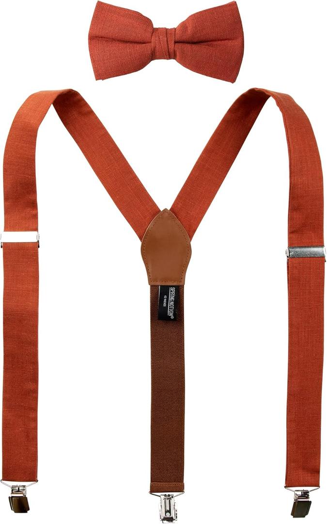 Spring Notion Mens' Linen Blend Suspenders and Bow Tie Set for Groomsmen Wedding (42 Inch, Rust)