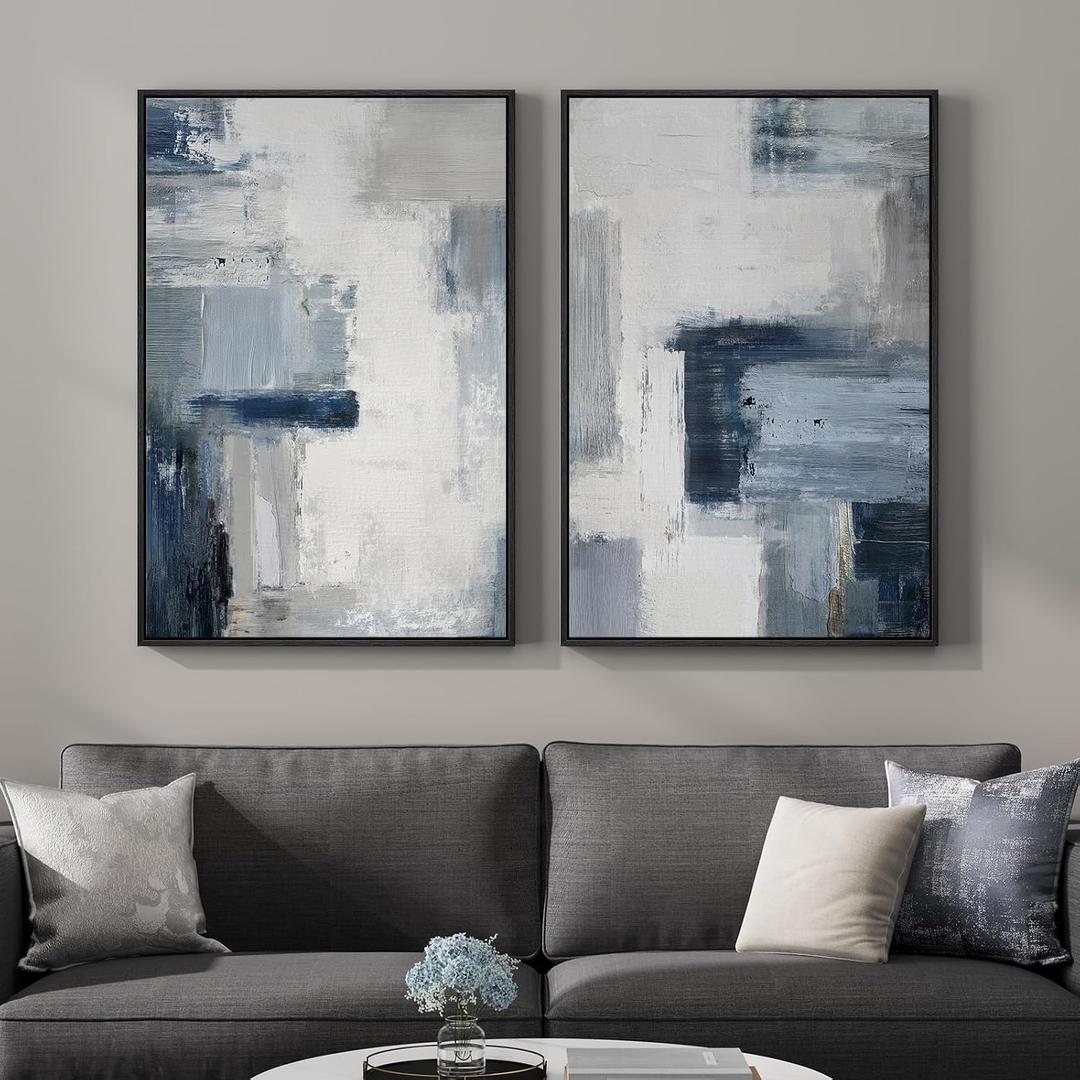 Framed Blue Gray Abstract Wall Art Set of 2, Modern Circle Line Canvas Artwork for Walls, Contemporary Abstract Paintings Prints for Living Room Bedroom Office Hallway Wall Decor, 24x36 In, 24" W x 36" H x 2Pcs