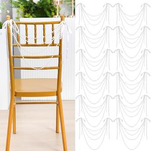 Wonderjune 16 Pcs Wedding Pearl Bow Chair Decor Satin Ribbon Bows with Pearl Beaded String Garland Aisle Chair Sashes Decorations for Ceremony Coquette Party Banquet Decor (White)