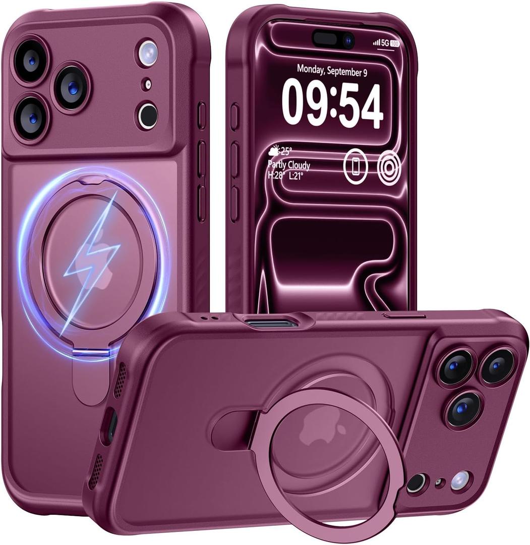 MOCCA Design for iPhone 17 Pro Case, Compatible with Magsafe [Premium Invisible Magnetic Ring Stand] [Military Drop Protection] Full Camera Guard Translucent Matte Slim Phone Cover 6.3",Wine Red
