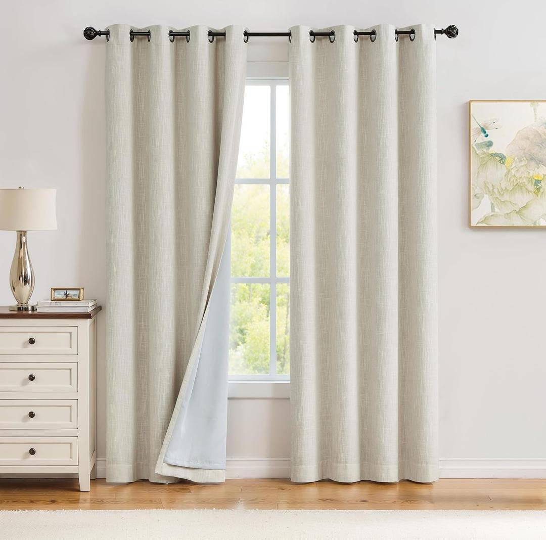 Beige Solid Full Blackout Curtain Heavy Linen Texture Window Treatment for Bedroom Thermal Insulated Noise Reduction Drapes 8 Grommets Top for Living Room with Liner, Beige, 50" x 84", 2 Panels