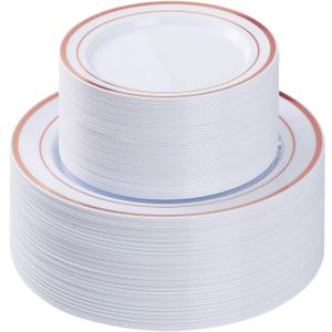 BESTVIP 100PCS Rose Gold Plastic Plate, Disposable Party Plates with 50 Dinner and 50 Dessert Plates, Plastic Plate for Party, Wedding and Birthday