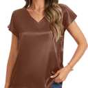 Nfsion Tops for Women Silk Satin Cap Short Sleeve Blouse V Neck Shirts Business Casual Outfits (M)