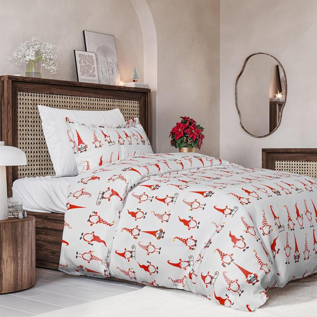Christmas Duvet Cover Twin Size Set - Extra Soft Twin Duvet Cover with 1 Pillow Sham - Holiday Xmas Bedding with Zipper Closures & Ties - Comfy, Snug & Cozy Breathable Bed Set - 68 x 90, Red Gnomes