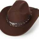 Women-Classic-Western-Cowboy-Shapeable-Hat - Men-Roll-Up-Wide-Brim-Felt-Fedora-Hats-Cowgirl-Hat with Belt Buckle(M-L) (Brown)