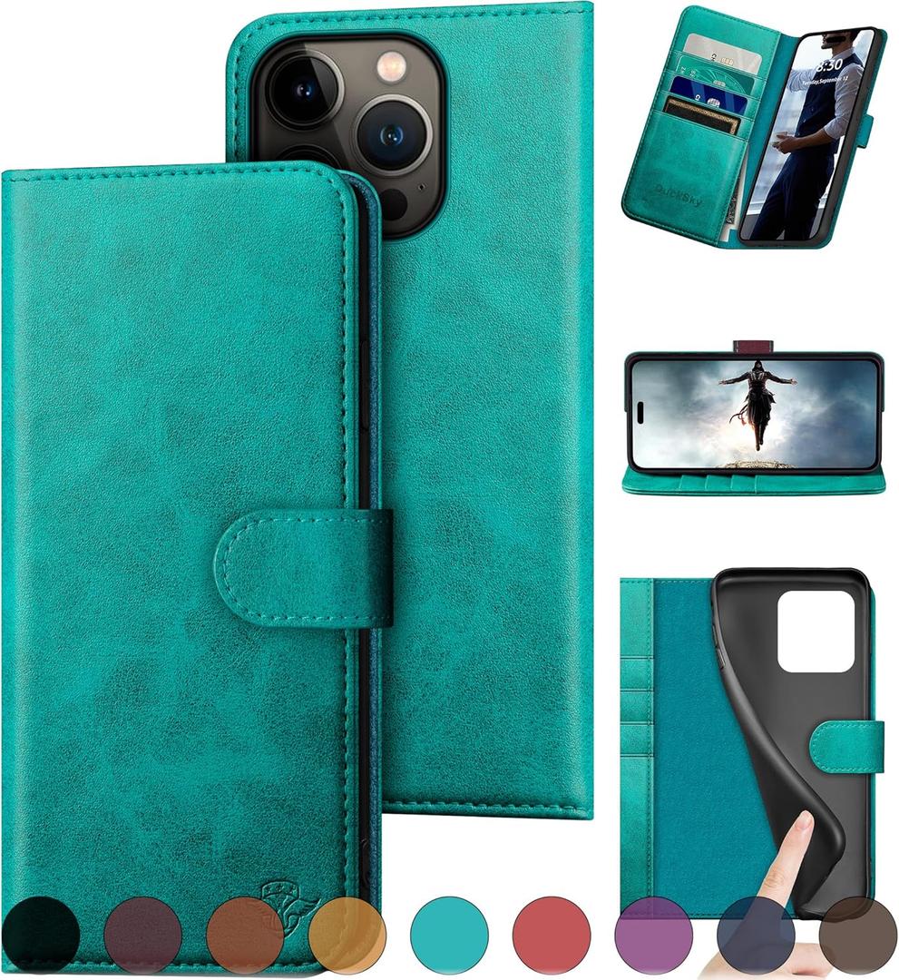 DuckSky Compatible with iPhone 16 Pro Max Genuine Leather Wallet caseRFID Blocking4 Credit Card HolderReal Leather Flip Folio Book Phone case Cover Women Men for Apple 16 ProMax case Blue Green