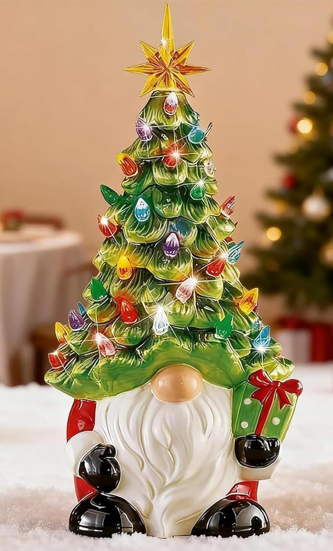 Lighted Up Christmas Gnome Tree Decorations, DIY Ceramic Gnome Christmas Tree with Multicolored Lights, Mini Faceless Old Man Prelit Xmas Holiday Decor for Tabletop Home Room Fireplace Office