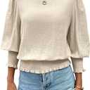 SOLY HUX Women's Casual Blouse Crew Neck Lantern 3/4 Sleeve Shirred Dressy Shirt Tops (S)