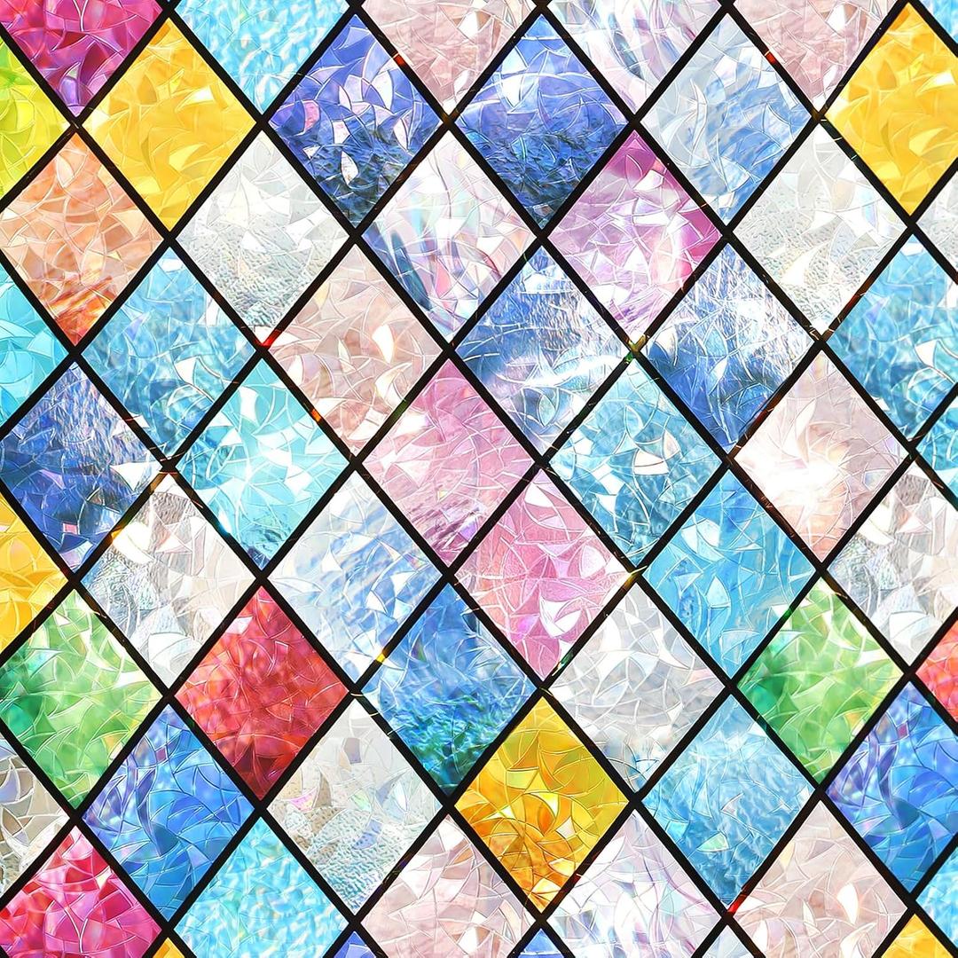 Stained Glass Window Privacy Film – Static Cling Decorative Rainbow Window Film, No Adhesive UV Blocking Sun Cling for Bathroom, Bedroom, Glass Doors, Removable Diamond, 23.6 x 78.7 in