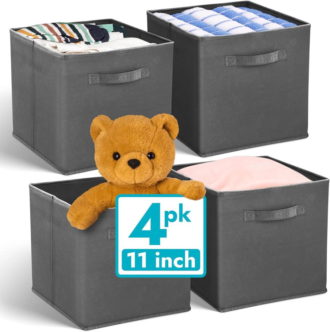 Reli. 11 Inch Cube Storage Bins (4 Pack) | Cube Organizer Bins | 11x11 Fabric Storage Boxes | Collapsible, Foldable Fabric Cubby Box (Square) | Kids Room Organization (Dark Gray)