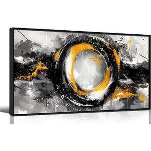 SIXTTART Abstract Circle Wall Art for Living Room - Black White and Gold Modern Canvas Wall Art for Office - Modern Framed Wall Art for Bedroom Size 29" x 59"