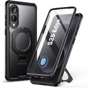 i-Blason for Samsung Galaxy S25 Edge Case MagSafe with Stand, [Built-in Screen Protector] [Military Protection] Full-Body Heavy Duty Matte Clear Anti-Fingerprint Magnetic Phone Case 6.7'', Black Clear