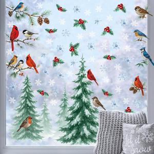 Christmas Window Clings 2 Sheets Xmas Tree Window Decals Adhesive Windows Stickers for Winter Party with Bird Mistletoe Pine Cone Snowflake Designs for Home Office Windows Glass Mirror Decor