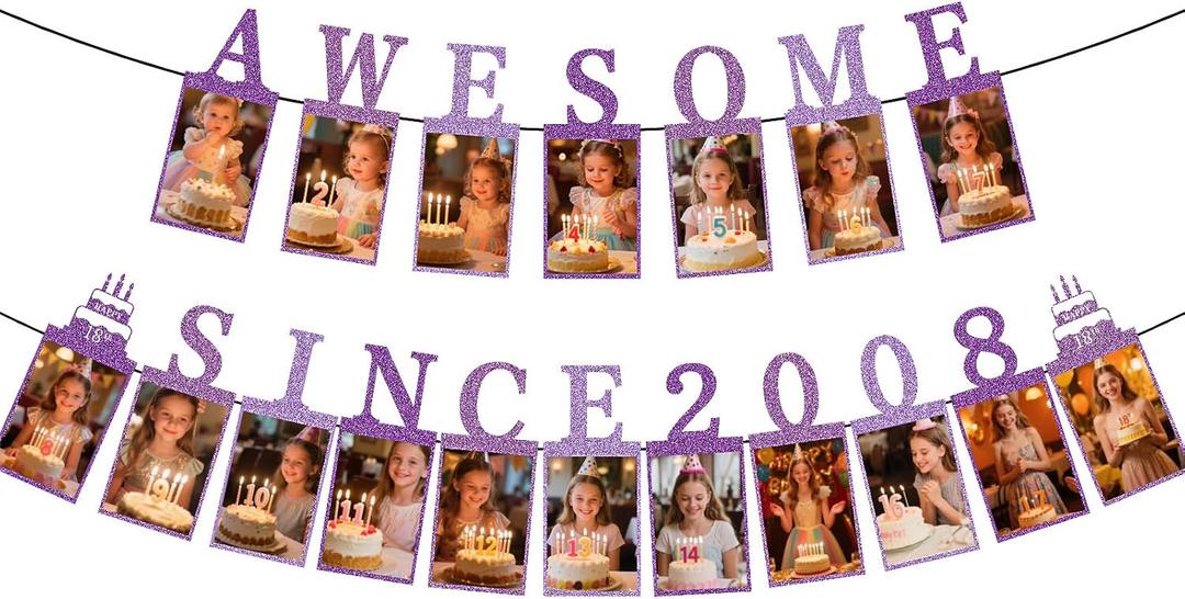 18th Birthday Decorations for Girls,Pre-strung Awesome Since 2008 Photo Banner,Purple Glitter 18th Birthday and Anniversary Decorations Party Supplies