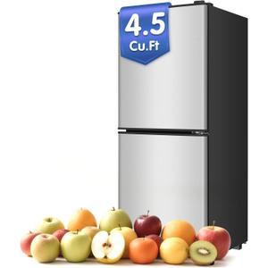 Compact Refrigerator with Freezer 4.5 Cu. Ft. Mini Fridge 2-Door Dorm Fridge with Adjustable 7-Level Thermostat & Glass Shelves, Small Refrigerator with Freezer for Home, RV, Apartment, Office, Silver