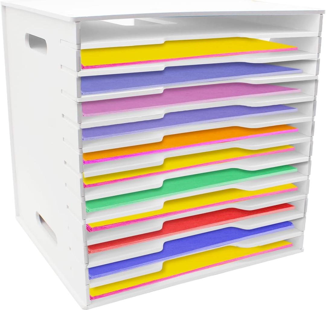 12 Tier Scrapbook Paper Organizer - 13" x 13", Craft & Stamp Cardstock Storage Rack for Home Office & Classrooms (White)